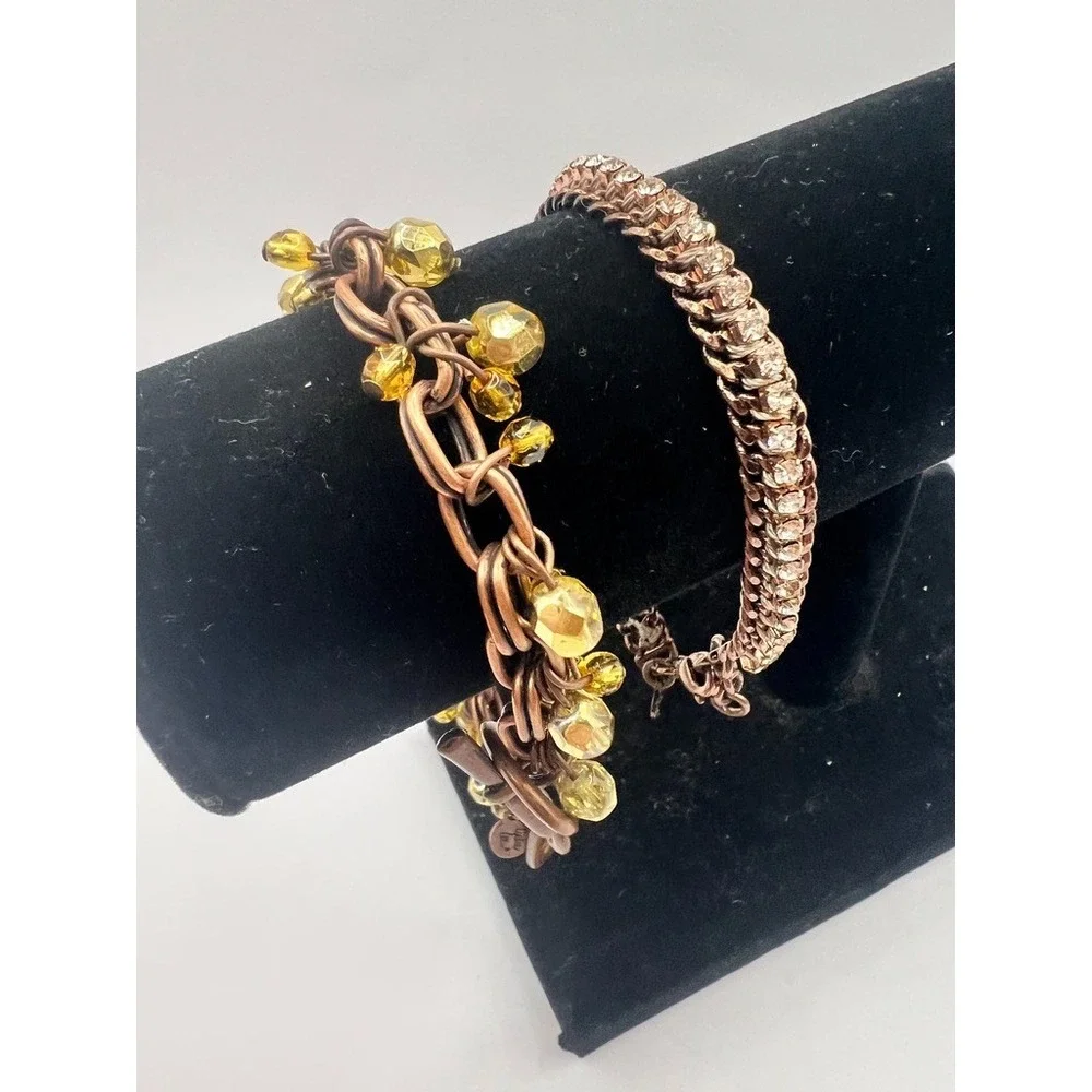 Cookie Lee Copper Bracelet‎ Lot 0f 2 Yellow Glass Beads Rhinestone Chain Boho